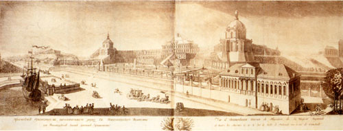 A print by Chelnakov and Knunov after a drawing of the Great Palace in Oranienbaum, Russia by Makhaev. The Great Palace was also known as Catherine II Summer Palace. The drawing shows a sailing ship tied up near the gates to the palace. This is the likely landing spot for the Germans who were arriving in Russia.