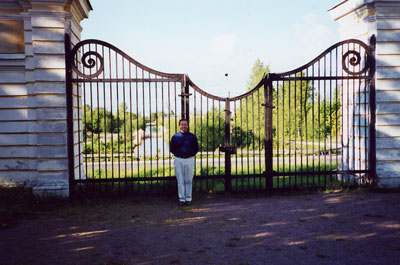 Gates of the Great Palace in Oranienbaum. The canal to the Gulf of Finland can be seen in the background.