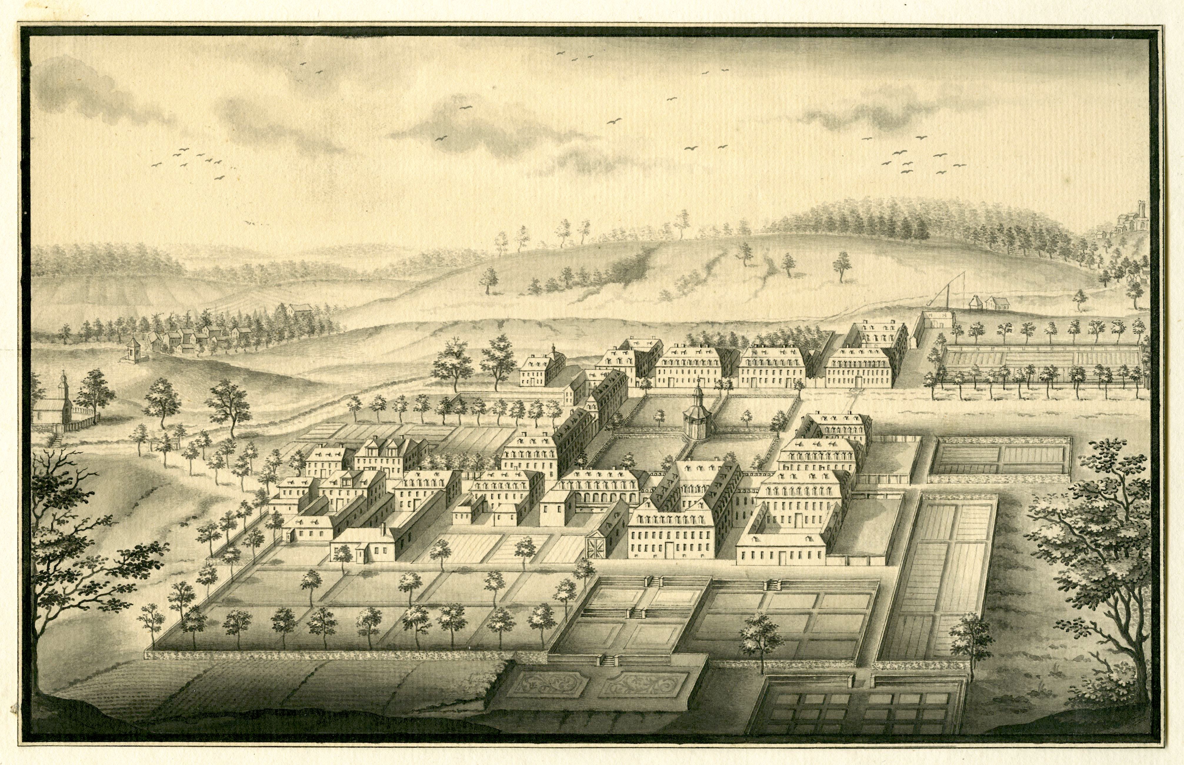 Drawing of the Herrnhaag in April 1752. The church is shown at the far left. On the back of the drawing is written: "Elie Gervais Dessiné a Herrnhag le 27. Avril 1752". Source: © Foto Wolfgang Fuhrmannek, Hessisches Landesmuseum Darmstadt, CC BY-SA 4.0. Used with the permission of the Hessisches Landesmuseum Darmstadt.