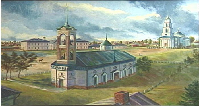 Painting of Katharinenstadt showing the Catholic church in the foreground with the Lutheran church behind. Artist: Michael Boss. From the collection of Linda Tate, Cincinnati, Ohio.