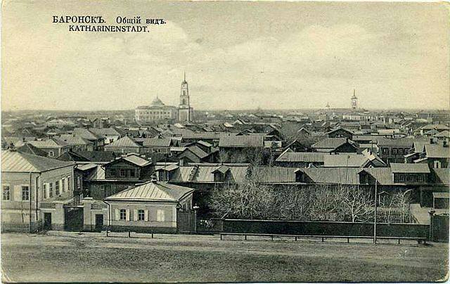 Panorama of Katharinenstadt taken from the north between 1917 and 1941. Lutheran church is in the distance on the right; the Catholic church steeple can be seen in the distance toward the right.