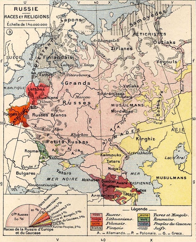 Ethnic map of Russia in 1898. The symbol "A." represents "Allemands," a French word meaning "Germans." Source: Wikipedia.
