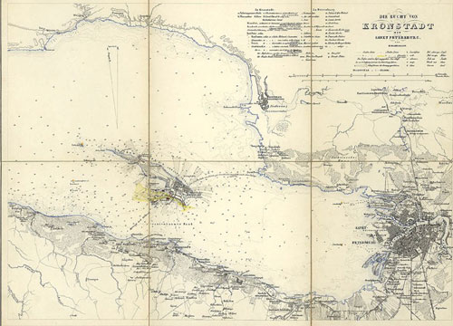 A map showing the island of Kronstadt. St. Petersburg is to the east and Oranienbaum is south of the island.