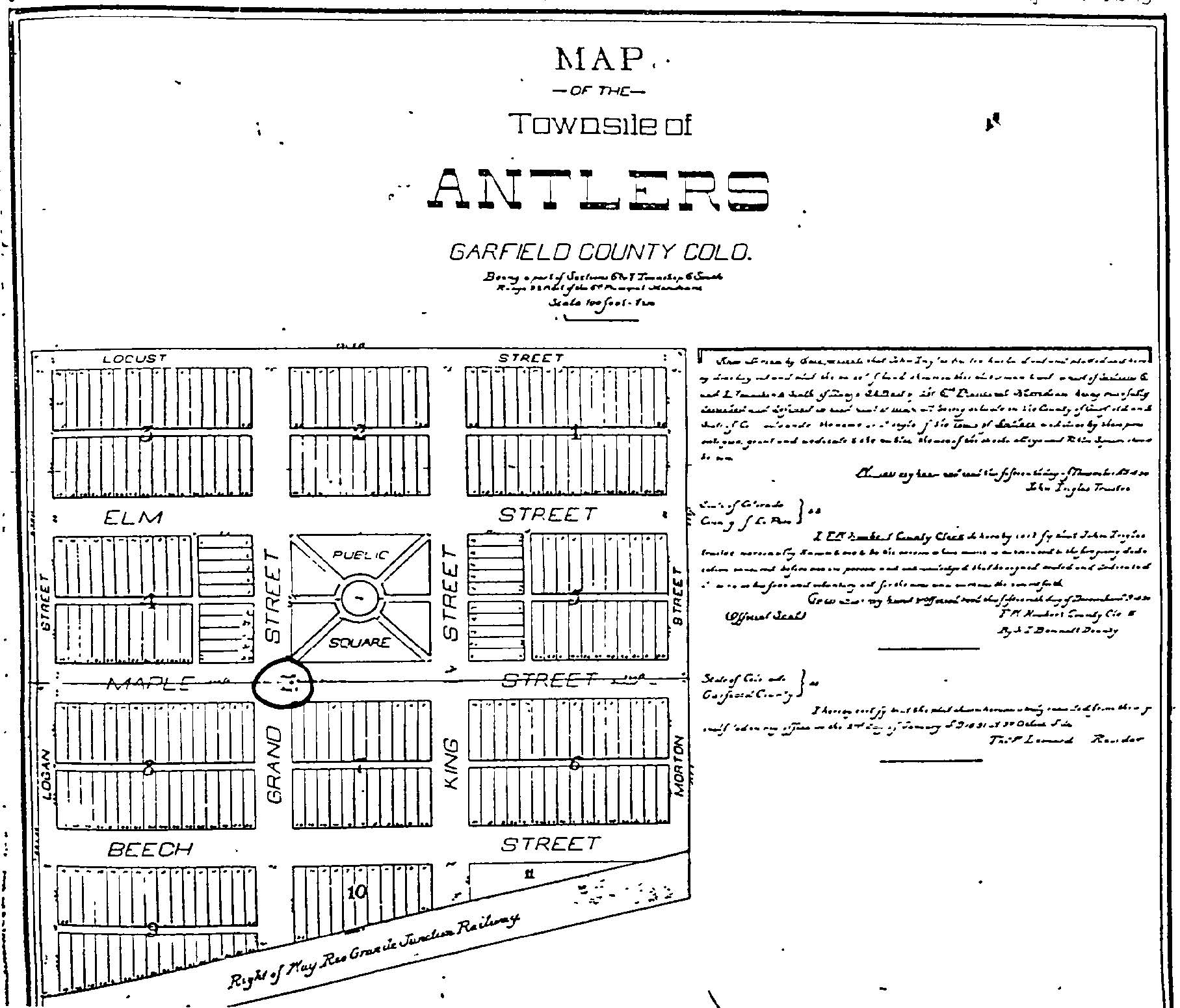 Plat for the townsite of Antlers. Source: Garfield Co. Colorado Geographic Information System.