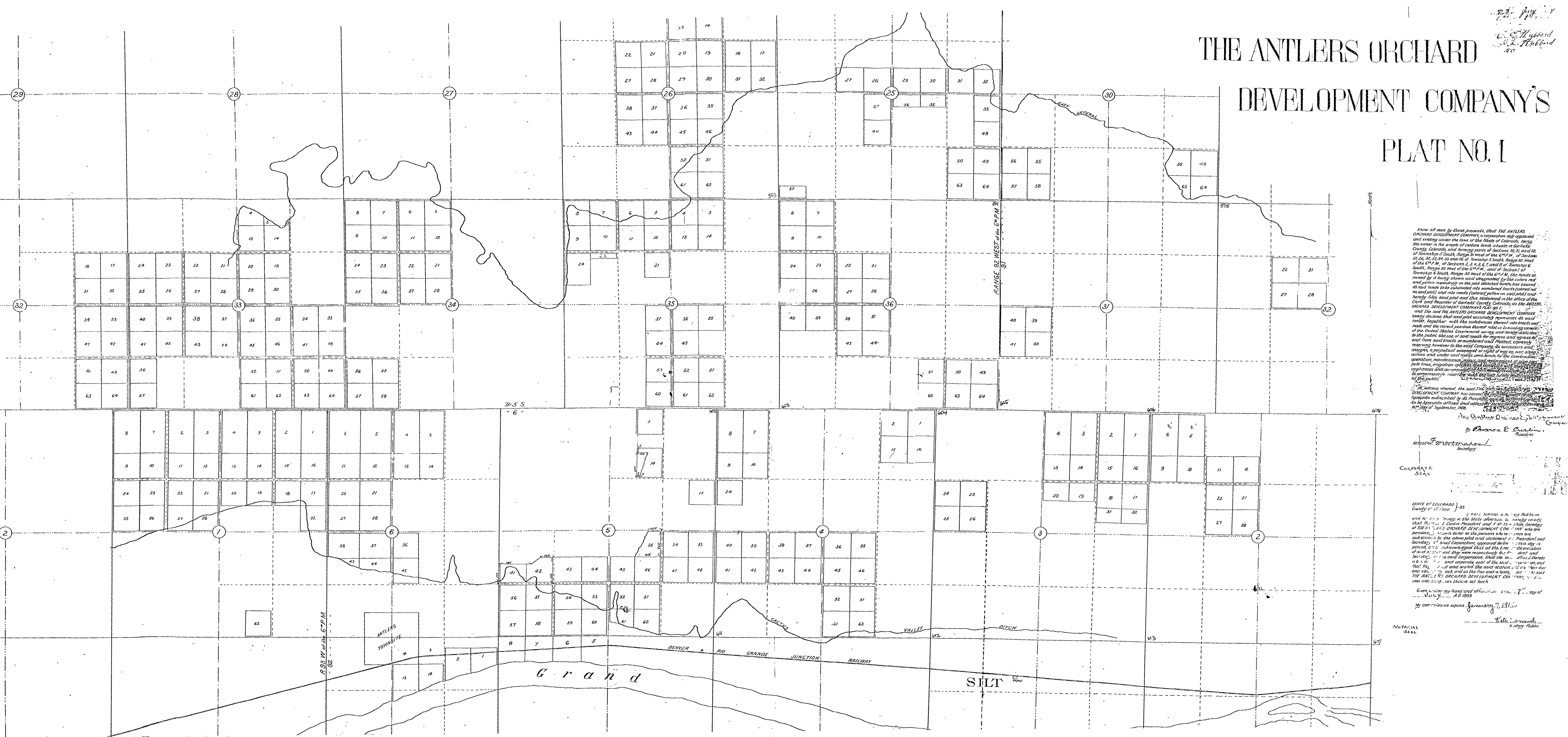 Antlers Orchard Development Co. Plat Map (1908). Source: Garfield Co. Colorado Geographic Information System.