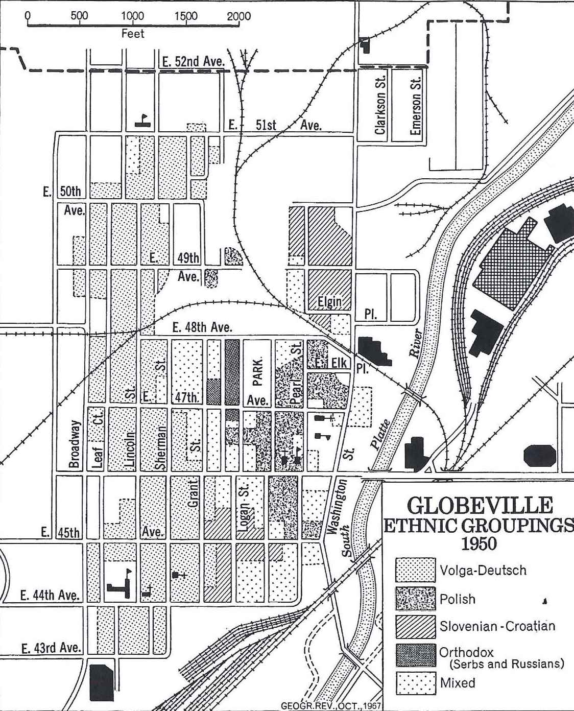 Ethnic Groupings, 1950 Globeville Neighborhood (Denver). Source: Geographical Review, 1967.