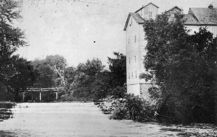 One of the flour mills operated by Jacob and Johannes Ehrlich. In the year following their arrival from Russia in 1875, Johannes built a mill on the west edge of Marion. He sold it in 1910, but the brothers purchased a mill one mile south of Marion on the Cottonwood River. They continued in business for 50 years.  Source: Betty Richmond.