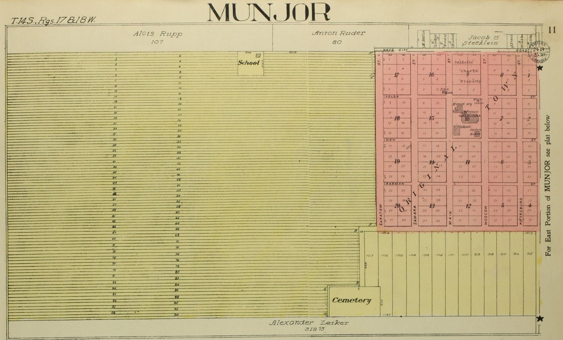 Munjor, Kansas - west side (1922). Source: Standard Atlas of Ellis County Kansas (Kansas Historical Society).