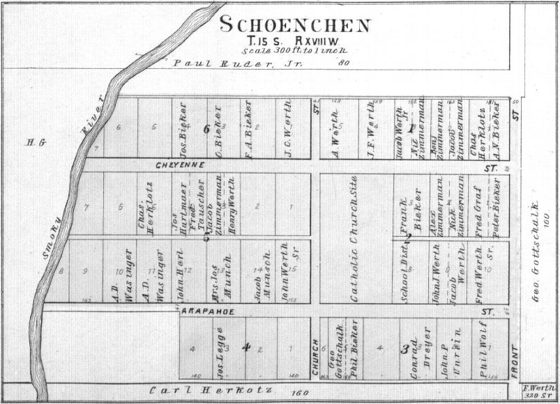 Schoenchen, Kansas (1905). Source: Standard Atlas of Ellis County Kansas (Kansas Historical Society).
