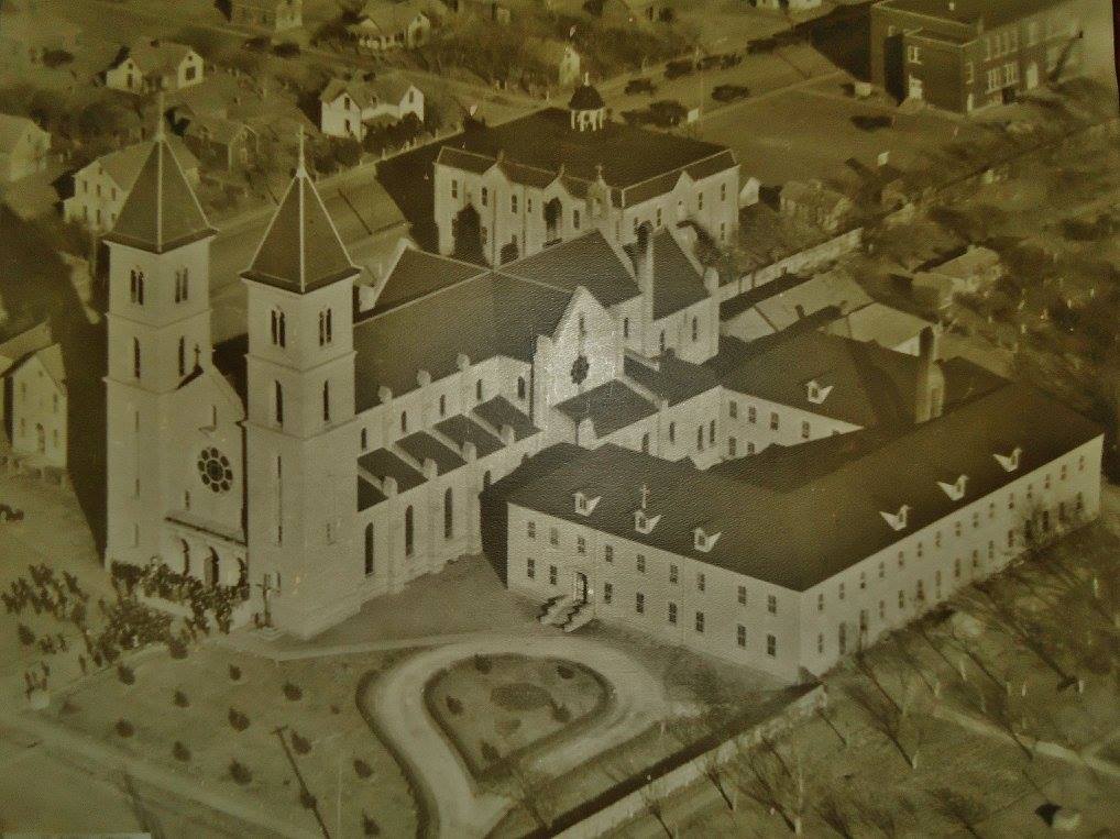 St. Fidelis Catholic Church, the friary, St. Joseph Grade School, and St. Fidelis High School. Victoria, Kansas (1928). Source: Charles Brungardt.