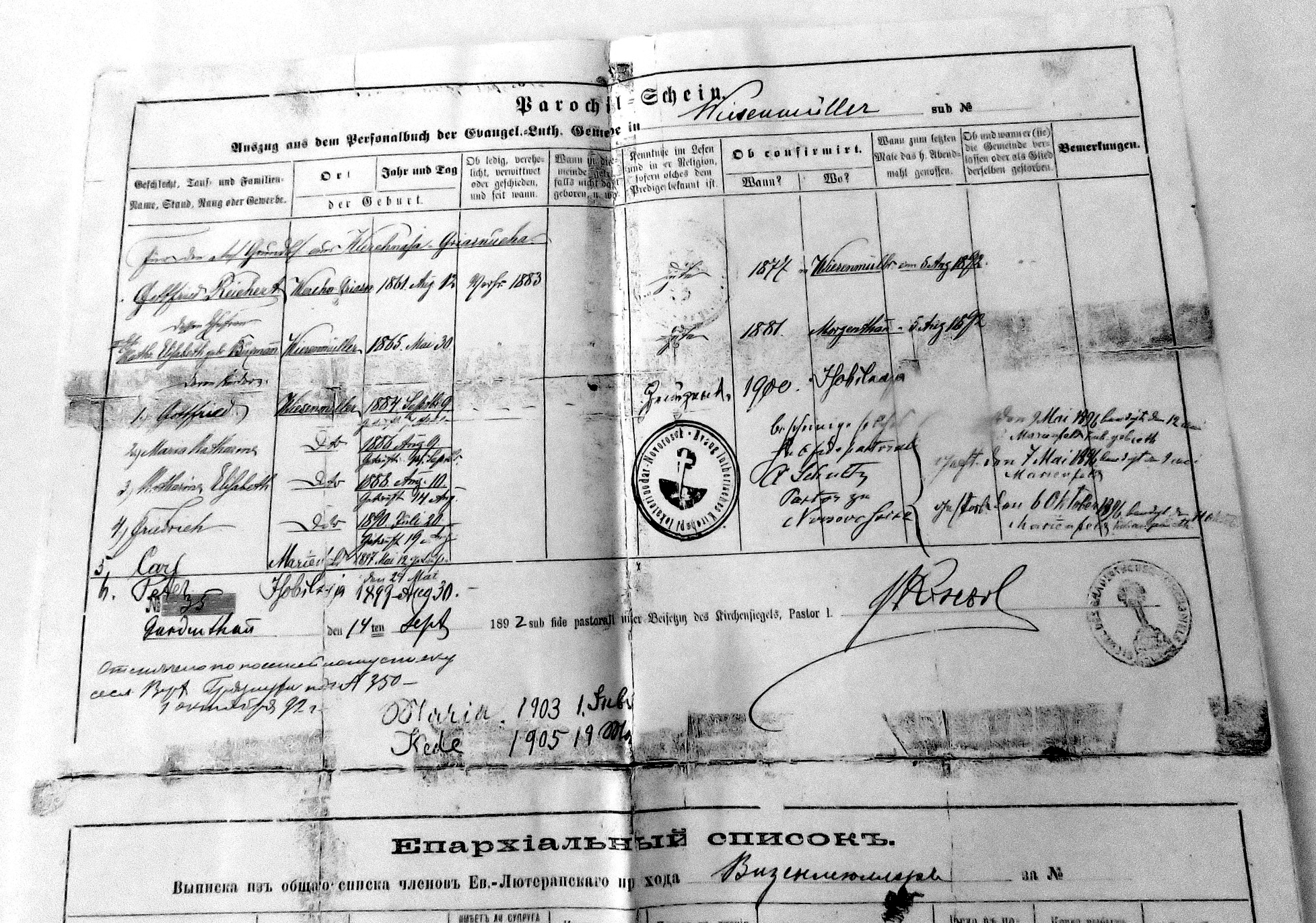 Parochial certificate for the Gottfried and Catharina Elisabeth Reichert family from Wiesenmüller. Courtesy of Elizabeth Lien.