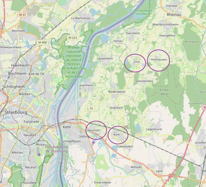 Open Street Maps image of towns near Kork