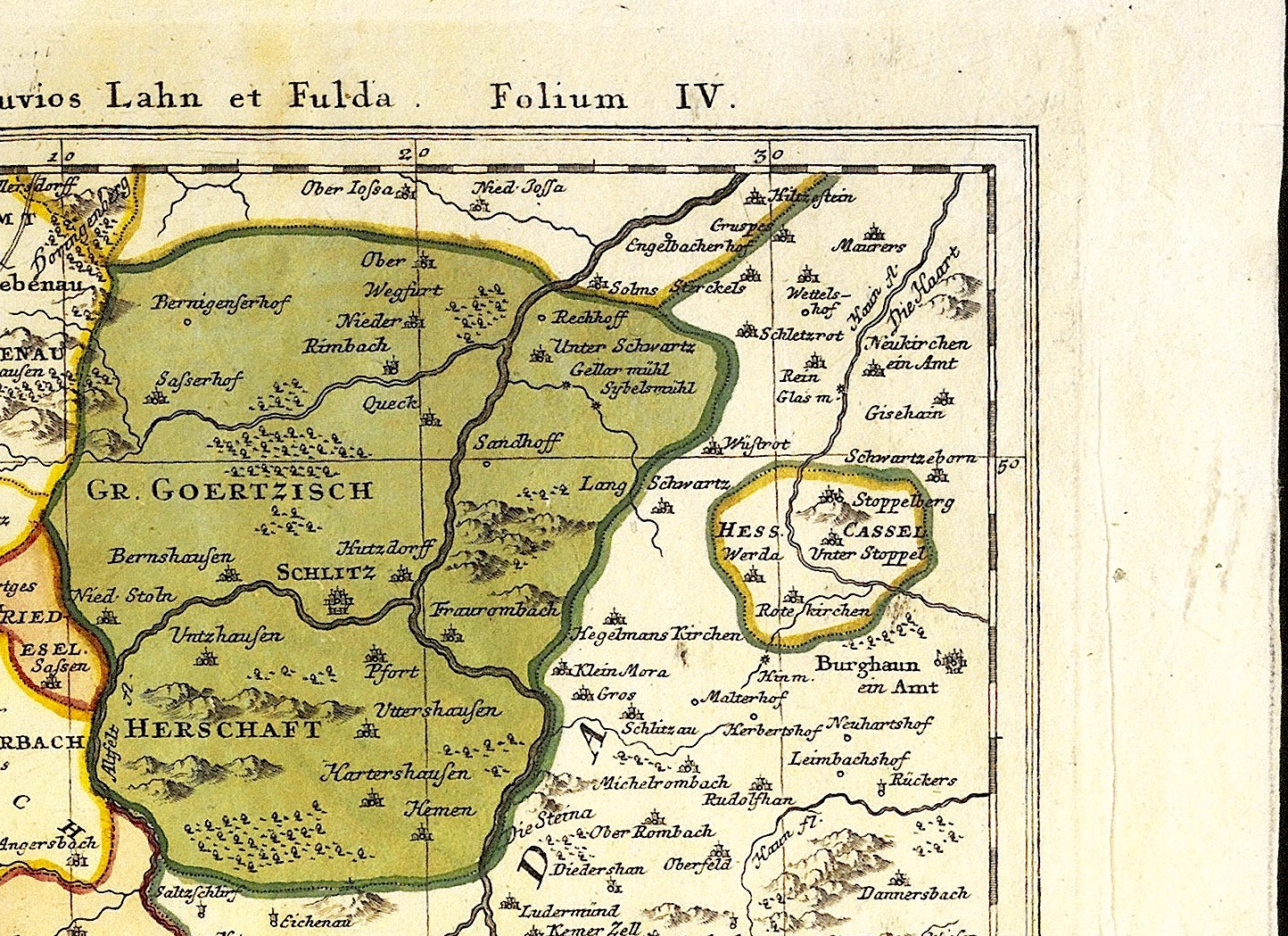 Section of a 1700s map of Hessen-Darmstadt showing Sterckels (Stärklos), Gruspis (Kruspis) and Sandhoff (Sandlofs) in the upper right hand corner.