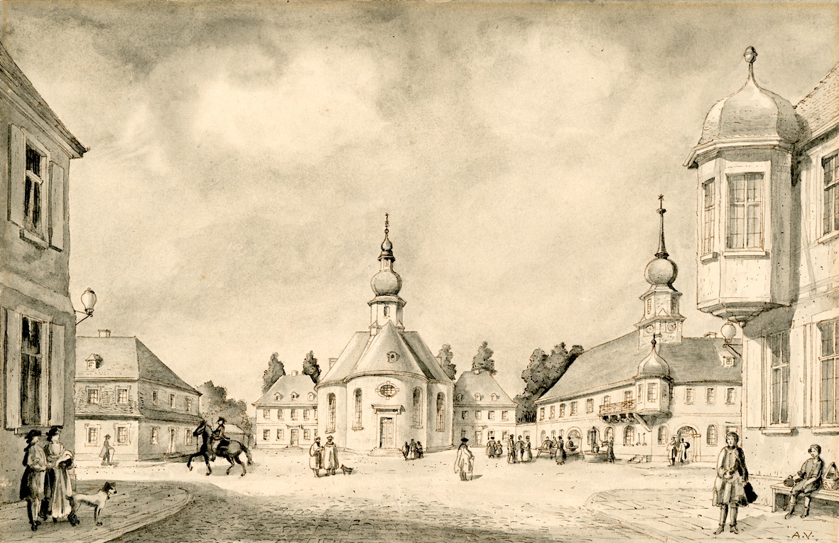 A drawing of the Kondordienkirche, also known as the Stadtgemeinde Karlsruhe (Lutheran) where the Seibert children were baptized in the 1750s. The church was torn down in the early 1800s to make room for a new and larger Stadtkirche adjacent to the market square where it still stands today. Source: https://artincrisis.hypotheses.org/1186.