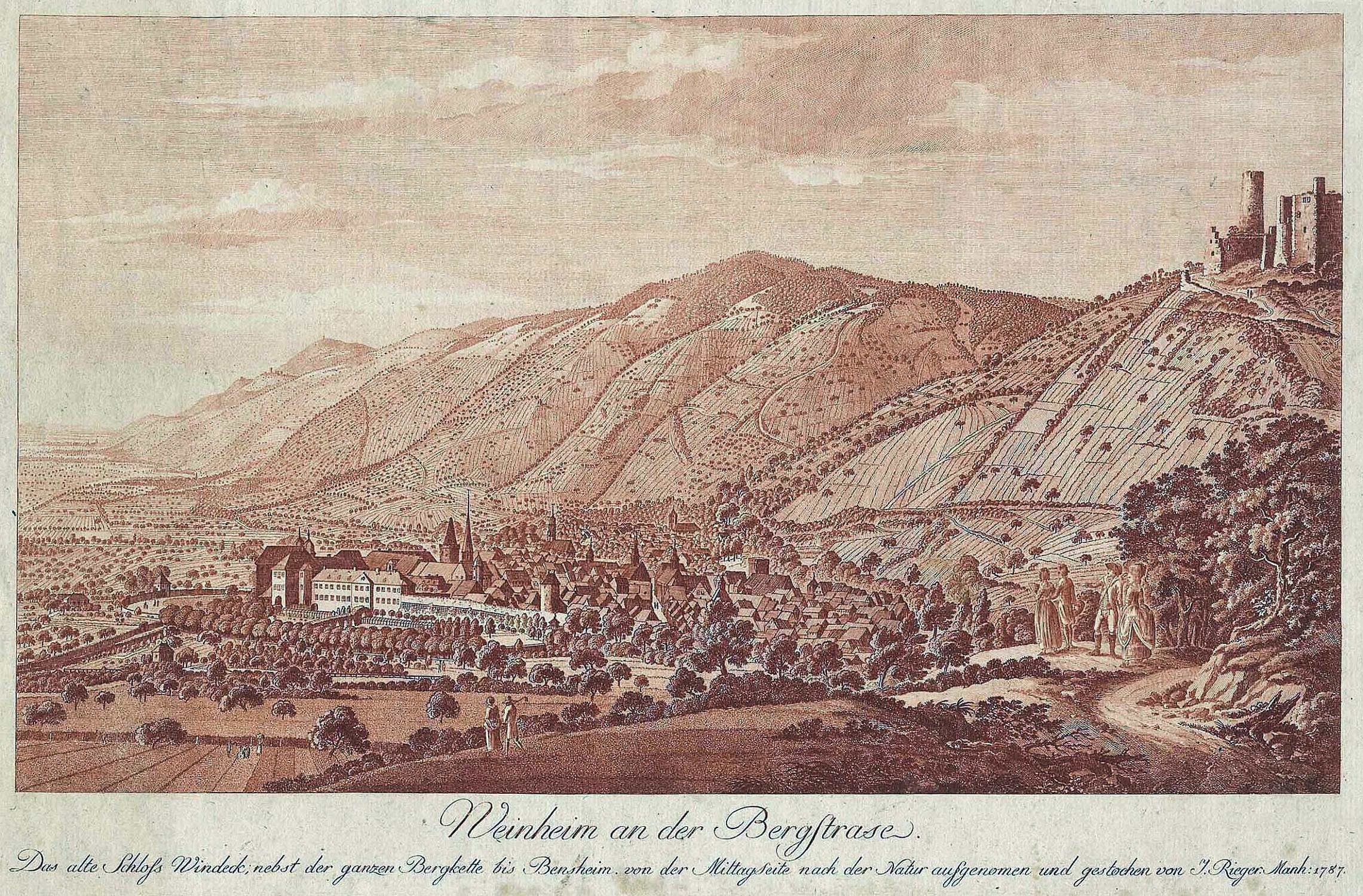 Engraving of Weinheim in 1787 by Johann Jakob Rieger. Source: Wikipedia.