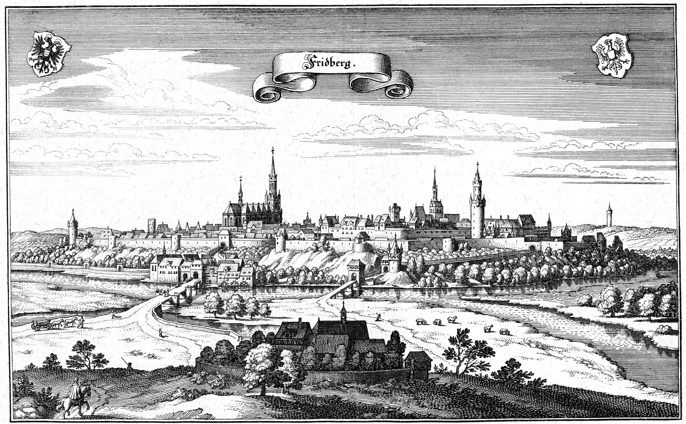Friedberg – Auszug aus der Topographia Hassiae von Matthäus Merian 1655. Source: Wikipedia. The Burg Kirche is shown as the tall spire right of center in this drawing. The church on the left is the Stadt Kirche and the tower on the right is the Adolf Tower at Friedburg Castle.