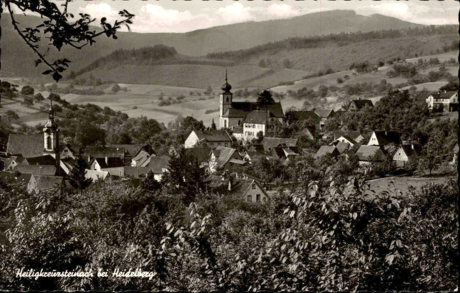 Postcard titled "Heiligkreutzsteinach bei Heidelberg". The Reformed Church in the 1760s is shown on the left side of this image.