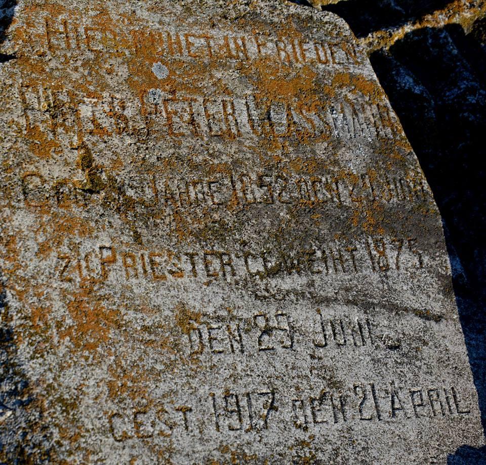 Photo of the tombstone of Fr. Glassmann. It is reported to be the only tombstone surviving in the Volmer Cemetery.  Source: Vladimir Kakorin.