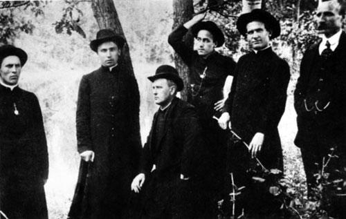 Father Gottlieb Beratz (seated) with visitors in his garden at Herzog in the summer of 1912. The clerics visiting him were vacationing seminary students: Joh. Schamne, Josef Paul, Nikolaus Liesl, and Peter Weigel, whom he knew from his service in the seminary. The layman (right) was the sexton of Herzog parish, H. Baron.  Source: Beratz, Gottlieb. The German Colonies on the Lower Volga (Lincoln, NE: AHSGR, 1991).  