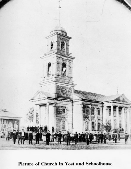 Lutheran Church in Jost. School in the background on the left.