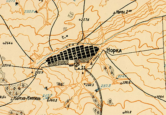 A 1935 contour map of Norka and the surrounding area showing the street layout, church location, and other geographic features. Courtesy of Steve Schreiber.