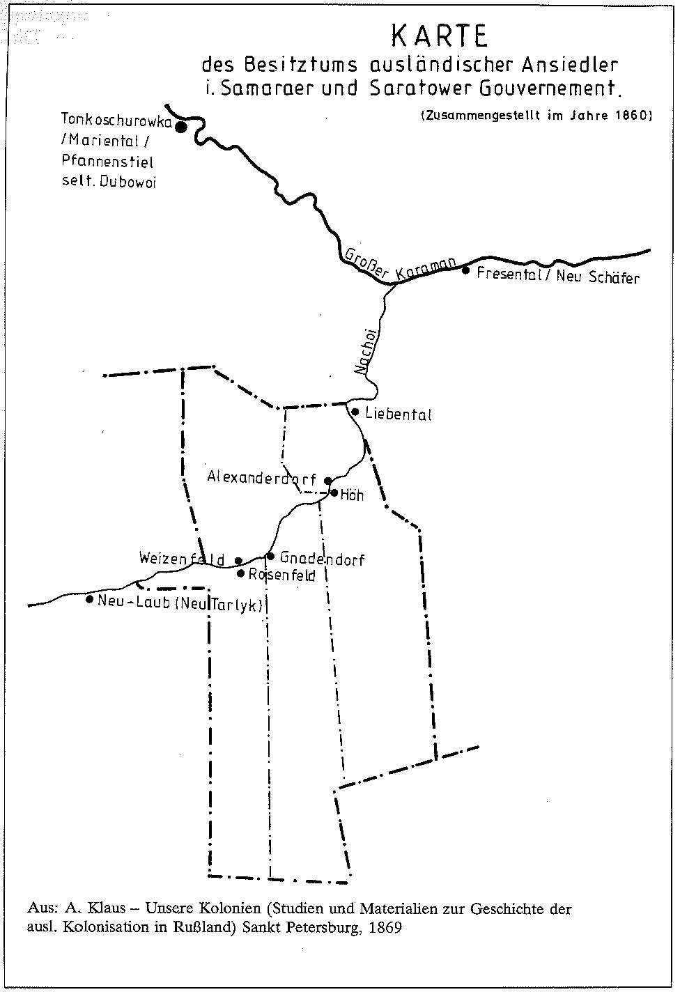 Map of Colonies along the Nachoi River (1860) also showing Fresental along the Großer Karaman. Source: Die Namengebung zweier Wolgadeutscher Dörfer, 1983 (p.14).