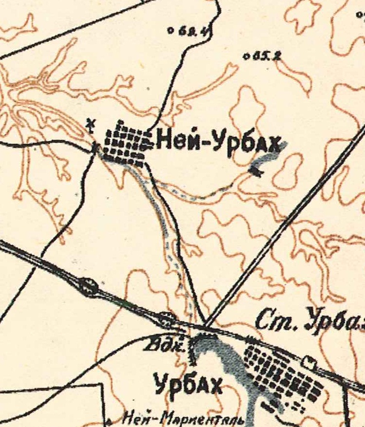 Map showing Neu-Urbach (above) with Urbach Station below (1935).