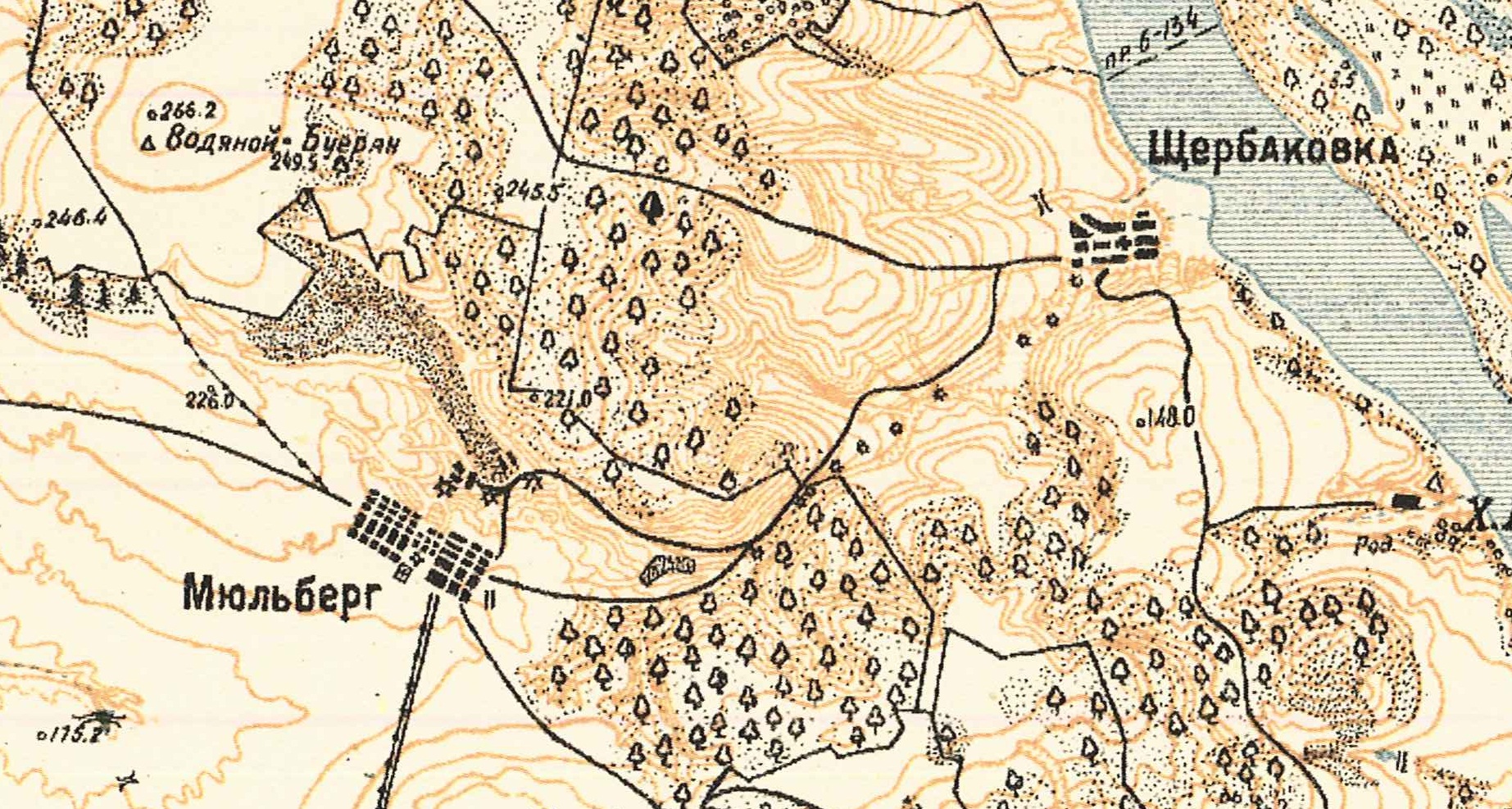 1935 map showing both Shcherbakovkas. German Shcherbakovka (aka Deutsche Shcherbakovka) is on the left; Russian Shcherbakovka is on the right on the bank of the Volga River.