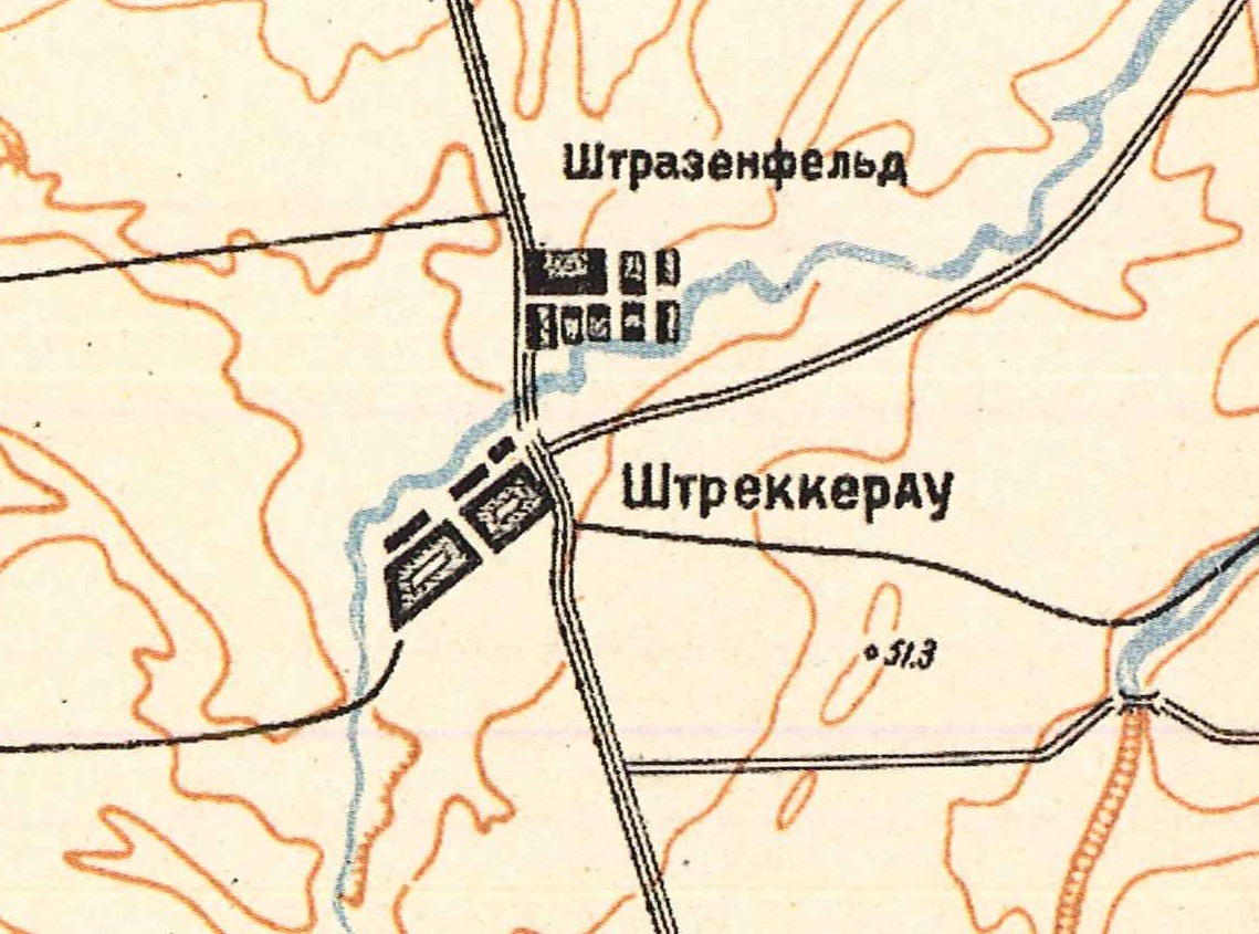 Map showing Streckerau on the bottom (1935). [Strassenfeld is above, across the river.]