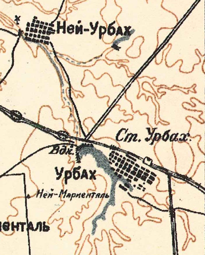 Map showing Neu-Urbach (above) with Urbach Station below (1935).