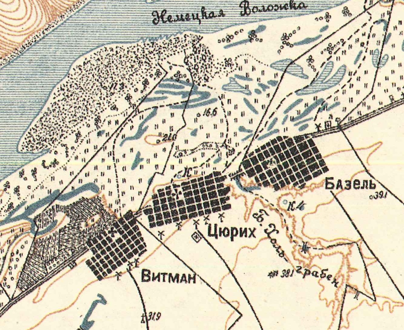 Map showing Zuerich in the center (1935).