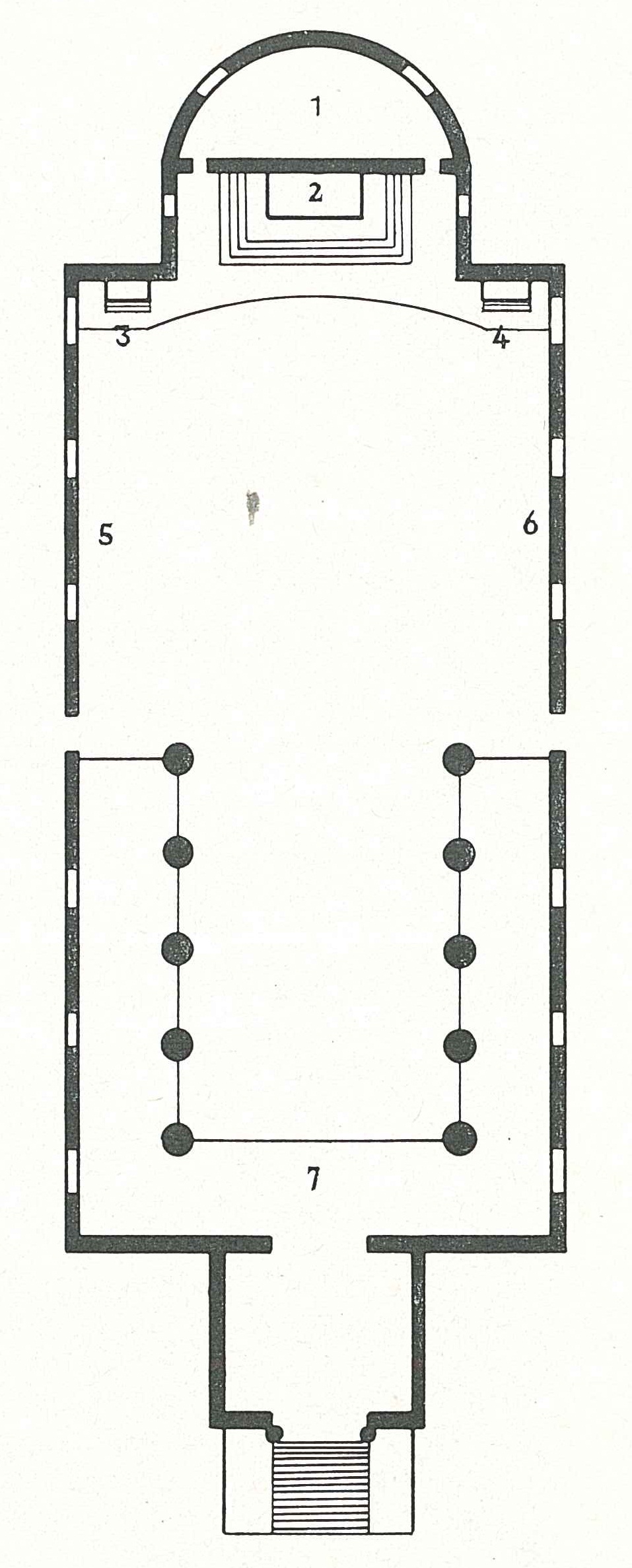 Catholic Church in Rothammel. 1. Sacristy 2. High Altar 3. Mother of God Altar 4. Joseph's Altar 5. Pulpit 6. Confessional 7. Choir loft with organ and galleries. Source: Heimatbuch der Deuts