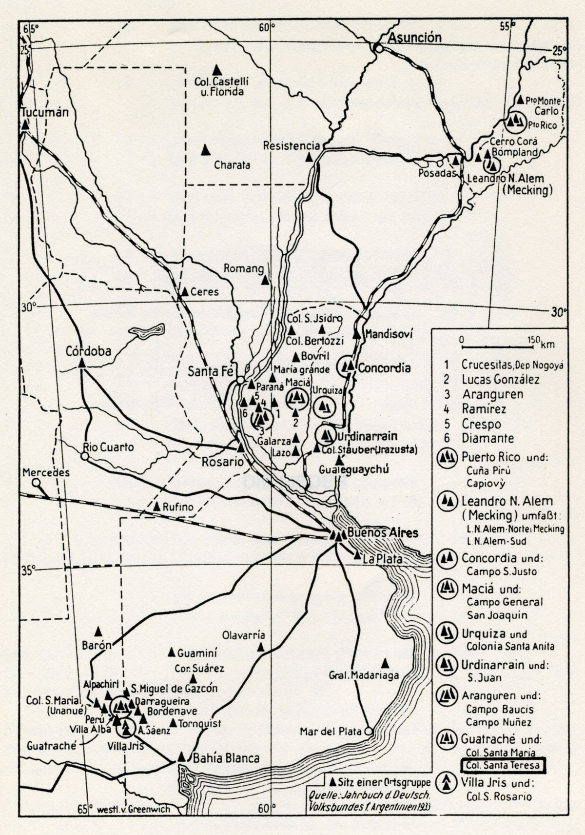 Map of Volga German Settlements in Argentina Source: Jarbuch d. Deutsch. Volksbundes f. Argentinen (1933) as published in Handwörterbuch des Grenz- und Auslandsdeutschtums, Carl Petersen, ed.
