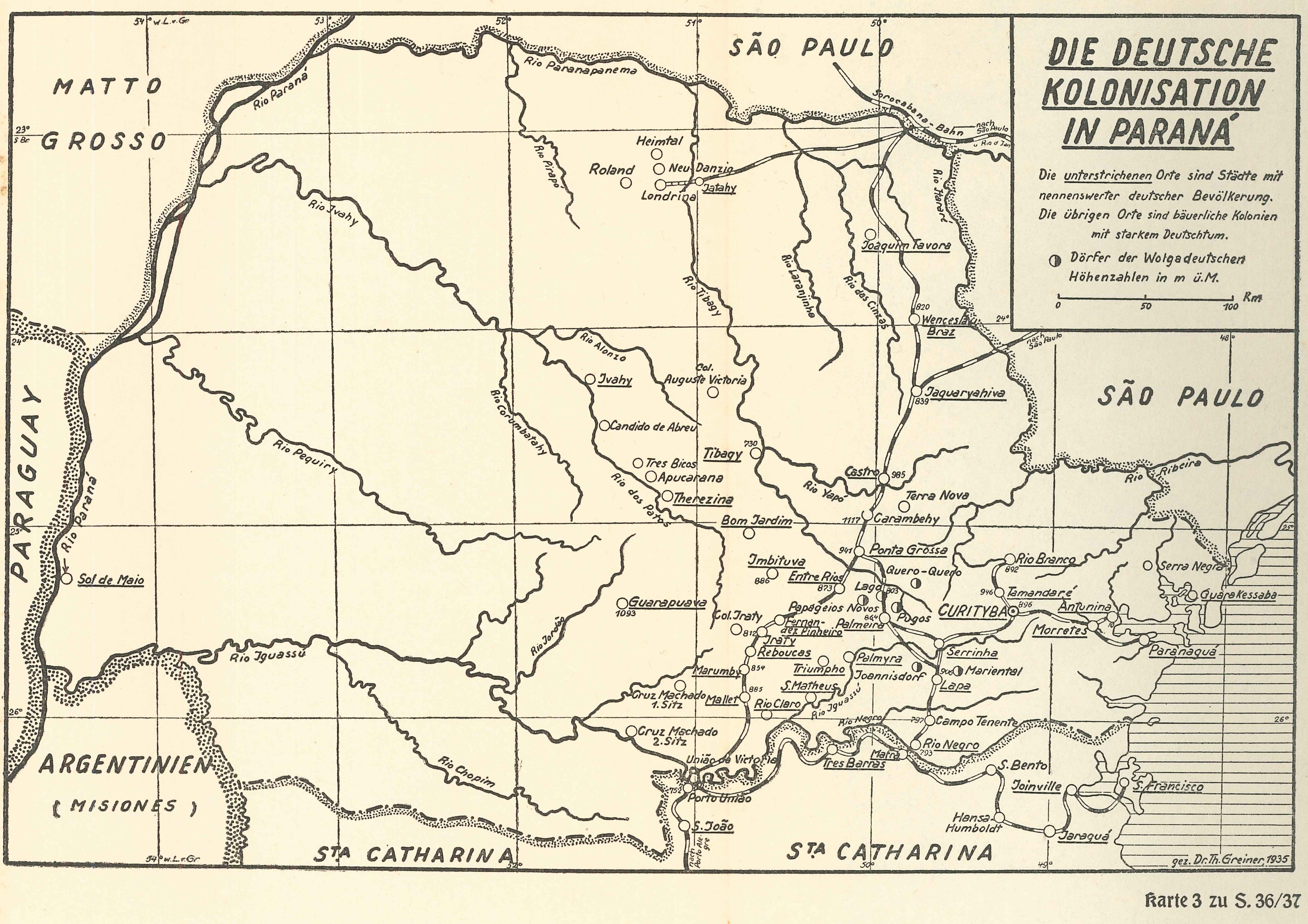 Map of the German Colonies in Paraná (1935). Source: Im Kamp und Urwald Südbrasiliens (1936).