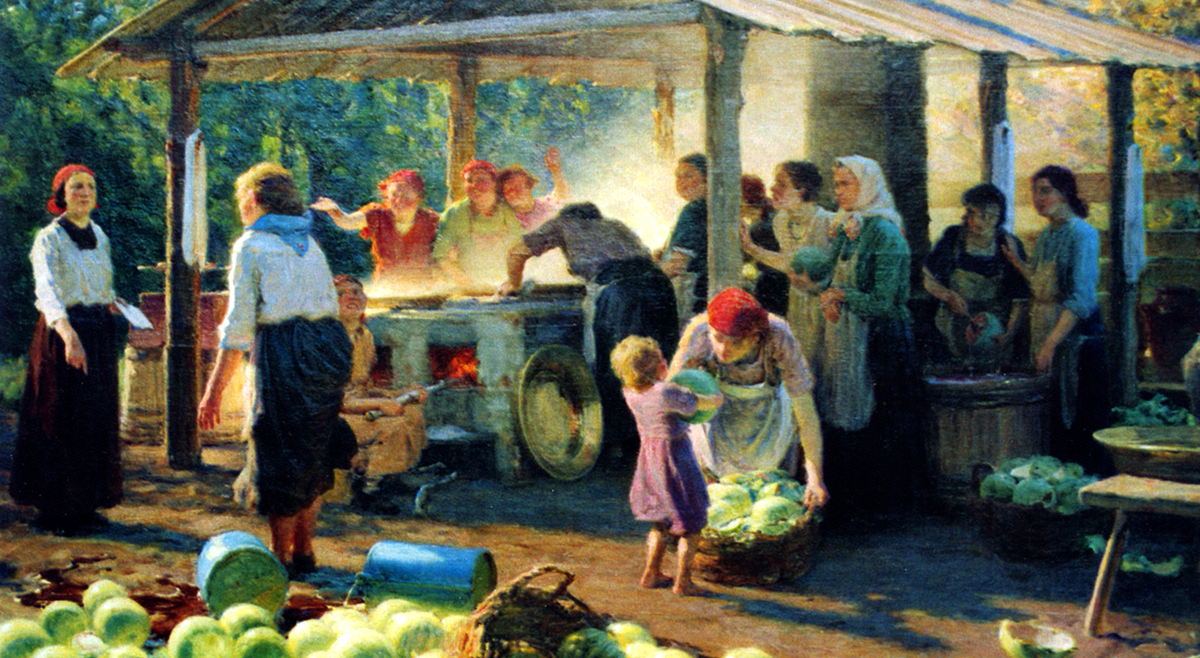 Volga Germans making watermelon syrup. Painting by Jakob Weber. From the book "Talent from the Volga" by V. G. Khoroshilova (2006).