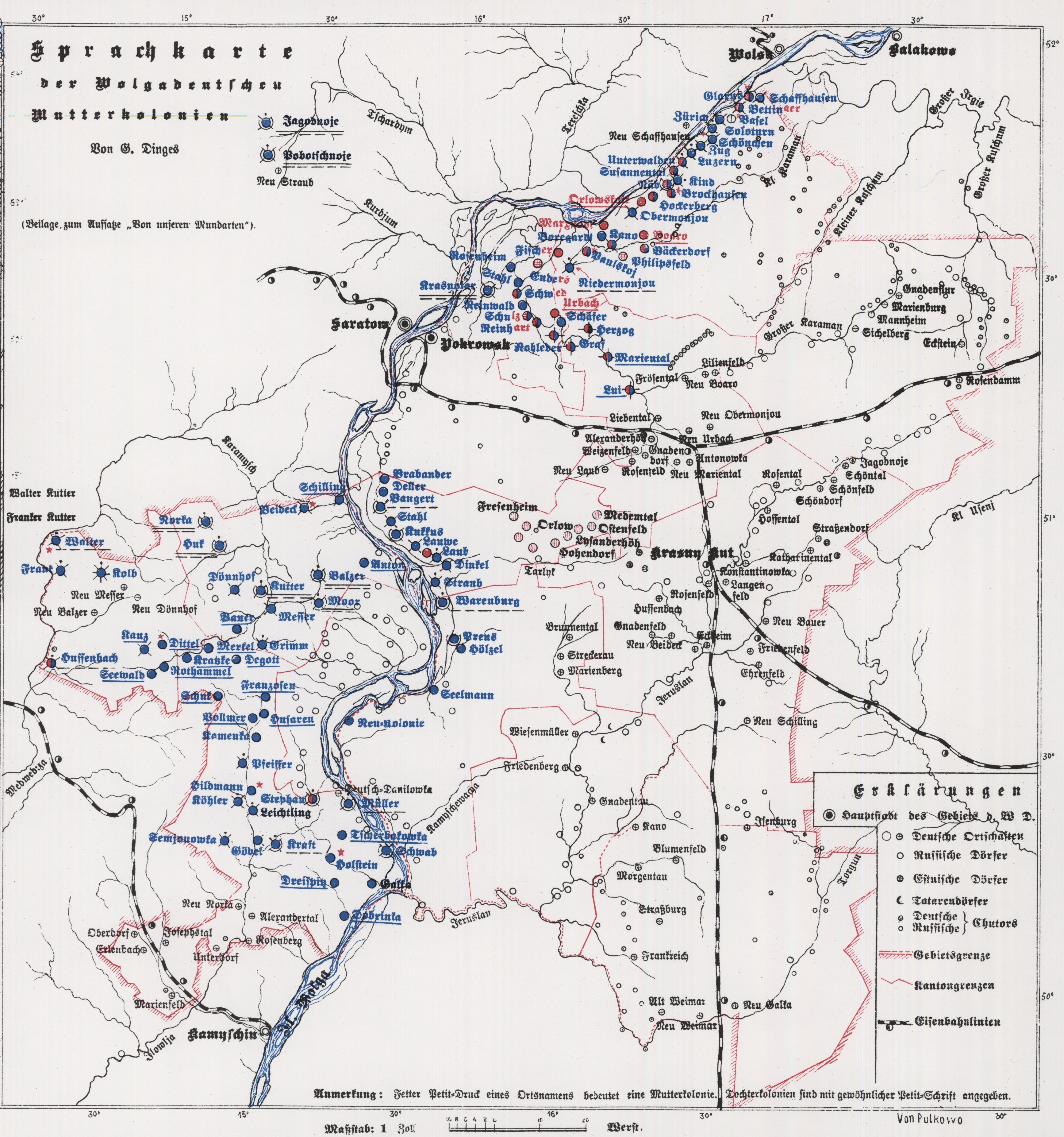 Map of the German dialects evident among the Volga Colonies by Georg Dinges.