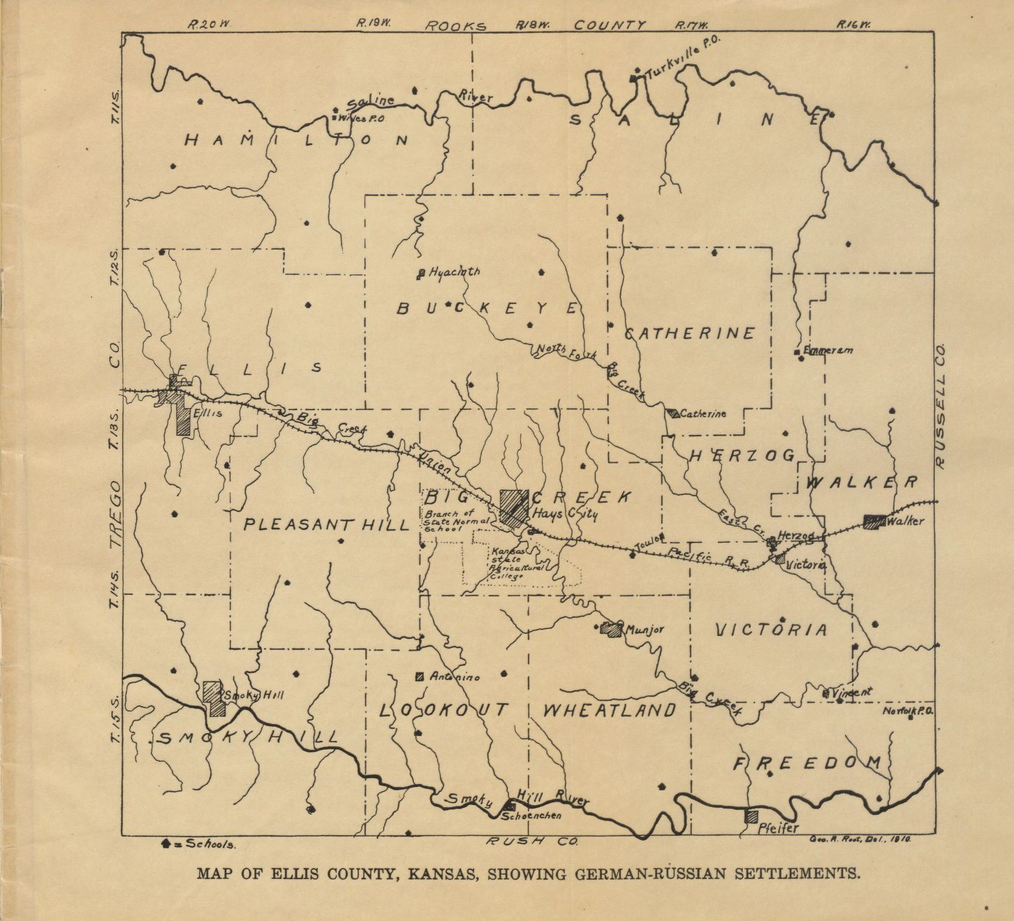Map of Volga German Settlements in Ellis County, Kansas. Source: Francis Laing article, 1910.