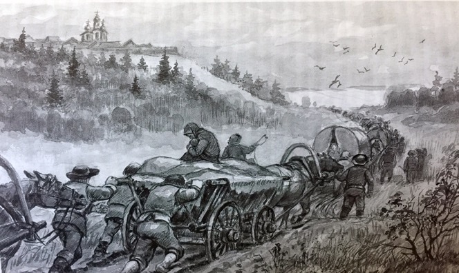 Illustration of a portage by the colonists. Source: "Das Manifest der Zarin" by Victor Aul.