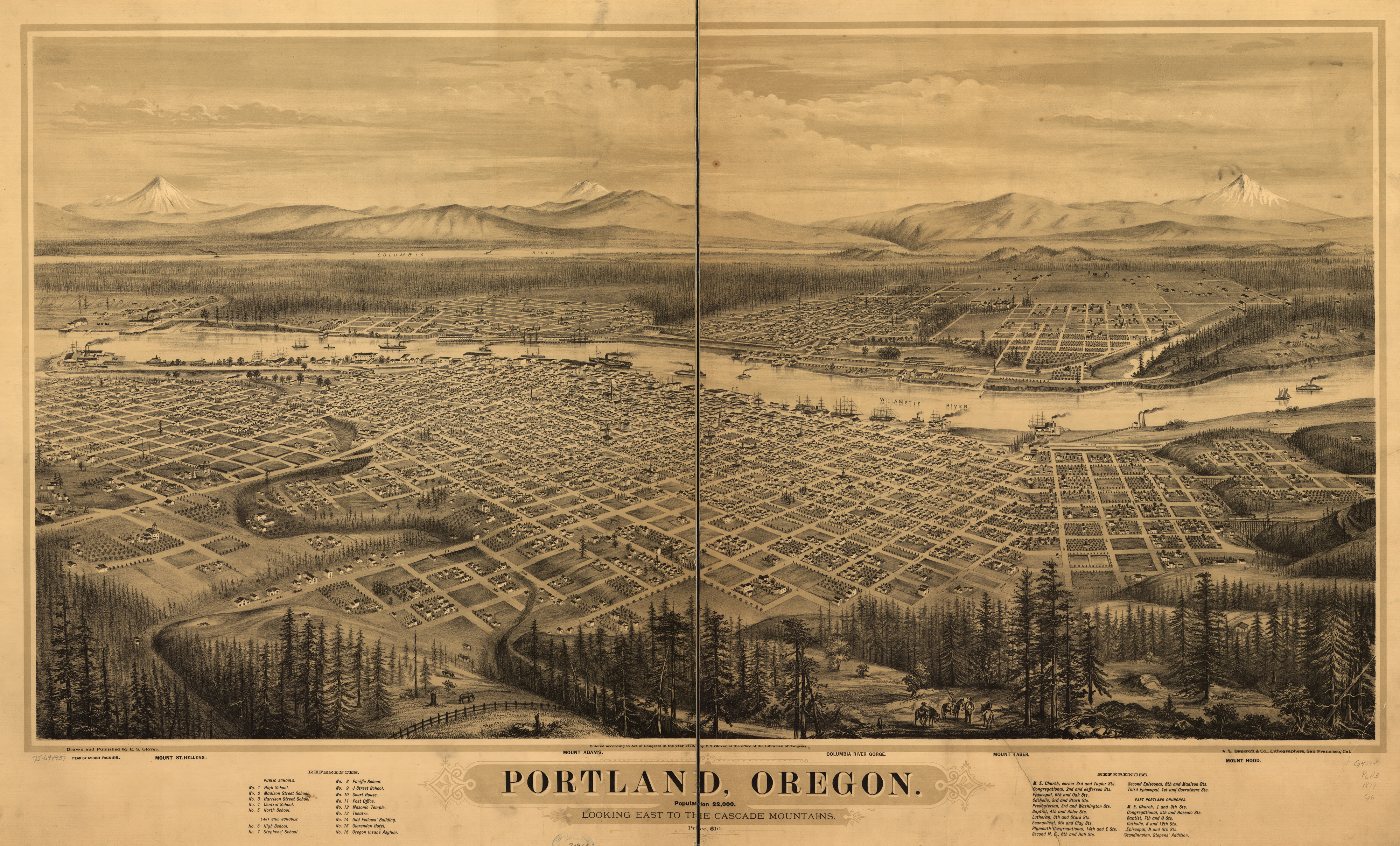 Birds eye view of Portland in 1879, two years before the arrival of the first Volga Germans. Albina is shown at the far left of the map on the east side of the river. Library of Congress Catalog Number 75694937.